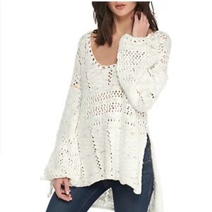 Free People Flower Child Crochet Cream Tunic Sweater Size Medium 100% Cotton